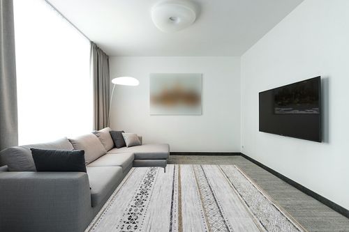 8x10 Area Rugs for Living Room Bedroom: Large Machine Washable Rug with Non-Slip Backing Non Shedding Stain Resistant, Soft Geometric Moroccan Carpet for Dining Room Nursery Home Office - Brown/Ivory in Modern Living Room with Grey Couch