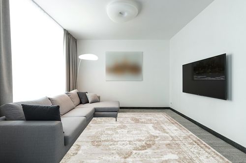 Unique Loom Sofia Collection Area Rug - Salle Garnier (9' x 12' Rectangle, Beige/ Ivory) in Modern Living Room with Grey Couch