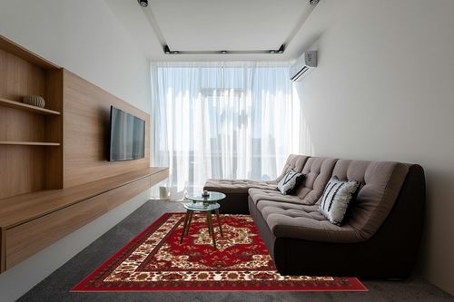 Antep Rugs Alfombras Oriental Traditional 8x10 Non-Skid (Non-Slip) Low Profile Pile Rubber Backing Indoor Area Rugs (Maroon, 7'10" x 10') in Grey Living Room with Brown Couch