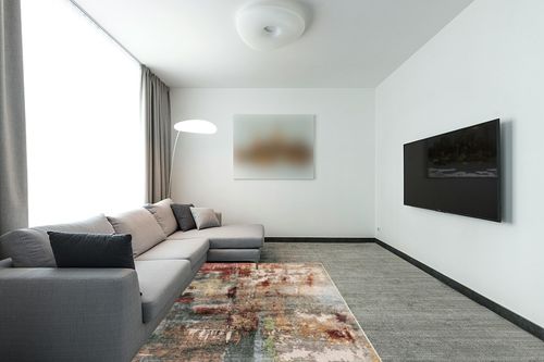 Lahome Modern Abstract Washable 5x7 Living Room Rug, Red Bedroom Mat Soft Non Slip Low Pile Contemporary Front Entrance Carpet for Hardwood Floor Decor Home Office Dining Room Area Rug in Modern Living Room with Grey Couch