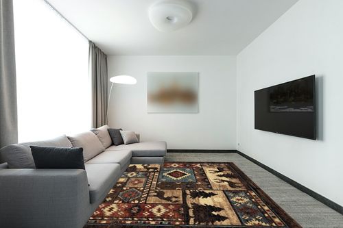 Home Dynamix Buffalo Bear Rustic Area Rug, Brown/Red, 7'10"x10'5", Rectangular in Modern Living Room with Grey Couch