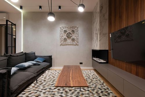 Blackamoor Leather Hide Patchwork Area Rug Handmade Cowhide Contemporary Multi Grey Style (8'x10' ft) in Dark Wood Living Room with Black Couch