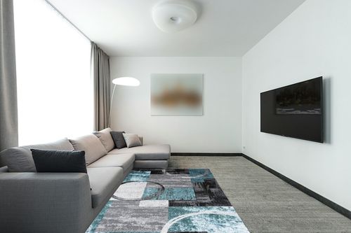 Grey Modern Washable,Stain Resistant Kitchen, Bedroom, Living Room, Home Office, Dining Room Area Rug in Modern Living Room with Grey Couch