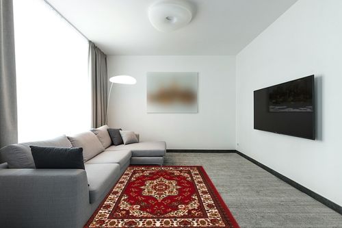 Maroon Traditional Non Slip Living Room Area Rug in Modern Living Room with Grey Couch