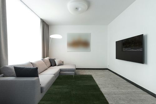 SAFAVIEH Revive Collection Area Rug - 5'3" x 7'7", Green, Solid Design, Non-Shedding & Easy Care, Ideal for High Traffic Areas in Living Room, Bedroom (REV102Y) in Modern Living Room with Grey Couch