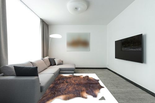 rodeo Cowhide Rug, Dark Brindle: XXL 6x8ft (180cmx240cm) in Modern Living Room with Grey Couch