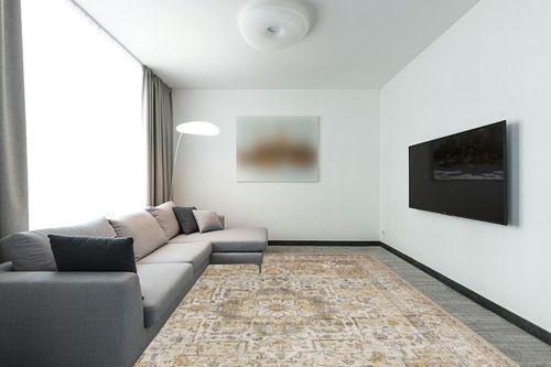 Area Rug 9x12 Living Room: Soft Large Washable Rugs with Non-Slip Rubber Backing Stain Resistant Modern Indoor Boho Vintage Carpet for Bedroom Dining Nursery Room Home Office (Beige/Brown) in Modern Living Room with Grey Couch