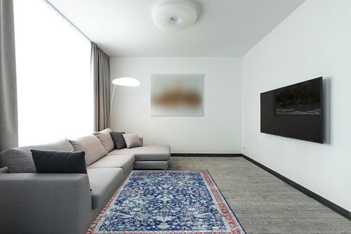 COZYLOOM 5x7 Vintage Bohemian Distressed Rug Oriental Floral Printed Rug Boho Chenille Soft Floor Cover for Living Room Bedroom Non-Slip Low Pile Washable Rug Foldable Thin Blue in Modern Living Room with Grey Couch