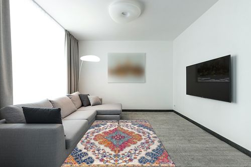 Blue/Multi Bohemian FLAIR Boho Vintage Traditional Non Slip Rug in Modern Living Room with Grey Couch