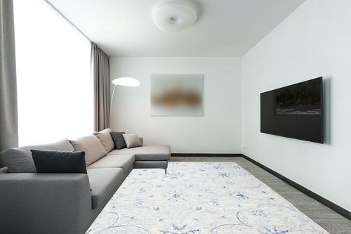 SAFAVIEH Micro-Loop Collection Area Rug - 9' x 12', Light Blue & Ivory, Handmade Country Cottage Wool, Ideal for High Traffic Areas in Living Room, Bedroom (MLP506M) in Modern Living Room with Grey Couch