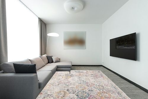 SAFAVIEH Madison Collection Area Rug - 8' x 10', Grey & Gold, Boho Chic Distressed Design, Non-Shedding & Easy Care, Ideal for High Traffic Areas in Living Room, Bedroom (MAD611F) in Modern Living Room with Grey Couch