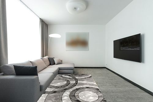 GLORY RUGS Area Rug Modern 5x7 Grey Black Circles Geometry Soft Hand Carved Contemporary Floor Carpet Fluffy Texture for Indoor Living Dining Room and Bedroom Area in Modern Living Room with Grey Couch