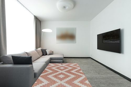Mark&Day Outdoor Rugs, 5x7 Squaw Modern Dark Coral/Off-White Indoor/Outdoor Area Rug, Pink Off-White Carpet for Patio, Porch, Deck, Bedroom, Living Room or Kitchen (5'3" x 7') in Modern Living Room with Grey Couch