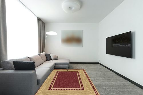 Ottomanson Machine Washable Border Design Non-Slip Rubberback 5x7 Modern Area Rug for Living Room, Bedroom, Dining Room, Office, 5' x 6'6", Red/Beige in Modern Living Room with Grey Couch