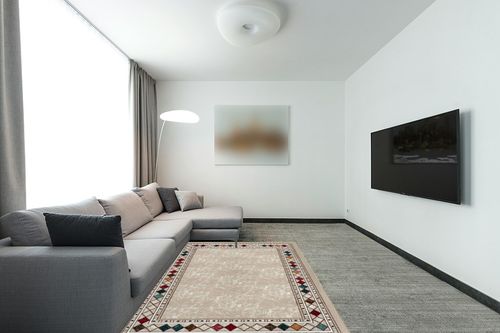 Antep Rugs Alfombras Modern Bordered 5x7 Non-Skid (Non-Slip) Low Profile Pile Rubber Backing Indoor Area Rugs (Beige, 5' x 7') in Modern Living Room with Grey Couch