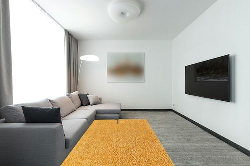 Rugs.com Zermatt Shag Collection Rug – 5' x 8' Sun Yellow Shag Rug Perfect for Bedrooms, Dining Rooms, Living Rooms in Modern Living Room with Grey Couch