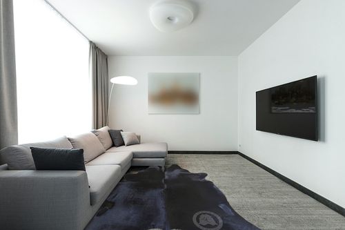 Sunshine Cowhides Genuine Black Cowhide Rug - Luxurious Cow Rug for Bedroom, Living Room, and Home Decor Enthusiasts - Masterpiece of Style and Functionality - XL 6x7-8ft (180x220cm) in Modern Living Room with Grey Couch
