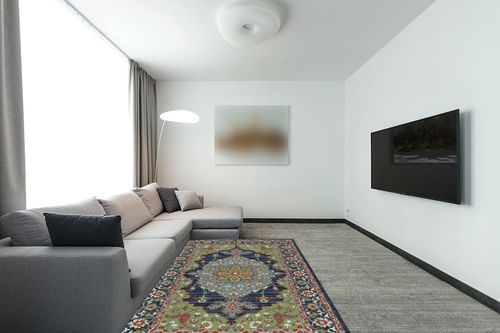 Kaleen Sunice Collection 5' x 7'6" Traditional Floral Area Rug ,Lime Green in Modern Living Room with Grey Couch