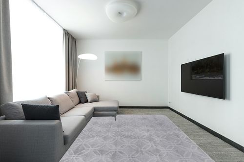 Safavieh Pattern and Solid Collection Area Rug - 8' x 10', Grey, Geometric Design, Non-Shedding & Easy Care, Ideal for High Traffic Areas in Living Room, Bedroom (PNS406F) in Modern Living Room with Grey Couch