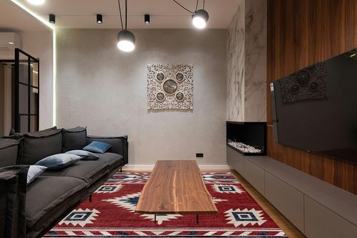 Eyely CWS100A-8 South Western Serape Medallion Southwestern Indoor Area Rug Geometric;Cottage;Bohemian;Classic, Bedroom, Kitchen, Living Room, Easy-Cleaning, Non-Shedding, 8 X 10, Red/Navy/Cream in Dark Wood Living Room with Black Couch
