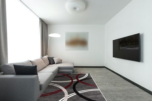 Rugshop Modern Wavy Circles Design Area Rug 5' 3" x 7' 3" Red in Modern Living Room with Grey Couch