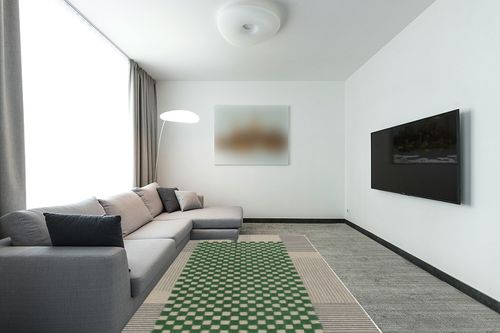 SAFAVIEH Genre Collection Area Rug - 6' x 9', Grey & Green, Handmade Wool, Ideal for Living Room, Bedroom, Dining (GRE207F-6) in Modern Living Room with Grey Couch