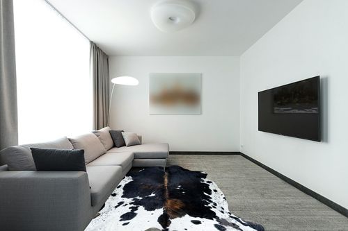 bonanza leathers Genuine Cowhide Rug Dark Tricolor Size S/L/XL 5X6/6X7/7X8 FT (XL) in Modern Living Room with Grey Couch