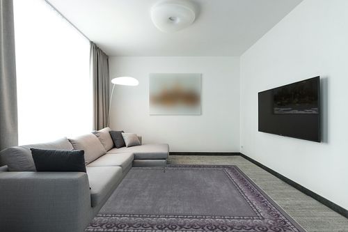 Antep Rugs Alfombras Bordered Modern 8x10 Non-Slip (Non-Skid) Low Pile Rubber Backing Indoor Area Rug (Gray, 7'10" x 10') in Modern Living Room with Grey Couch