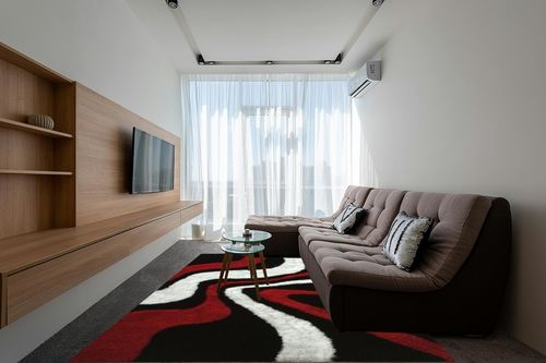 RINOLO "Aria Collection Soft Pile Hand Tufted Shag Area Rug (Black, Red, White, 8' x 11') in Grey Living Room with Brown Couch