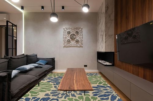 JONATHAN Y SMB110B-8 Zinnia Modern Floral Textured Weave Indoor Outdoor Area-Rug Bohemian Coastal Easy-Cleaning Bedroom Kitchen Backyard Patio Non Shedding, 8 X 10, Navy/Green in Dark Wood Living Room with Black Couch