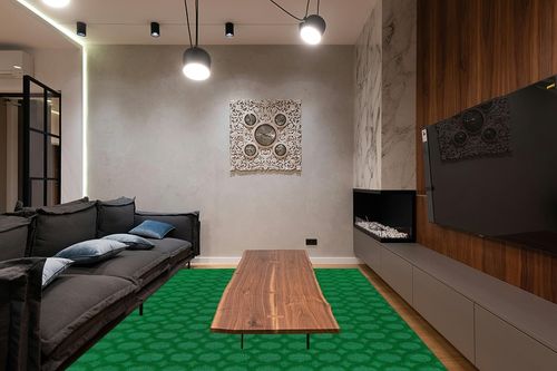 Garland Rug Garden Trellis 9 ft. x 12 ft. Indoor/Outdoor Area Rug Green in Dark Wood Living Room with Black Couch