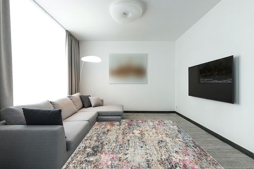SAFAVIEH Madison Collection Area Rug - 8' x 10', Black & Gold, Modern Abstract Design, Non-Shedding & Easy Care, Ideal for High Traffic Areas in Living Room, Bedroom (MAD460Z) in Modern Living Room with Grey Couch