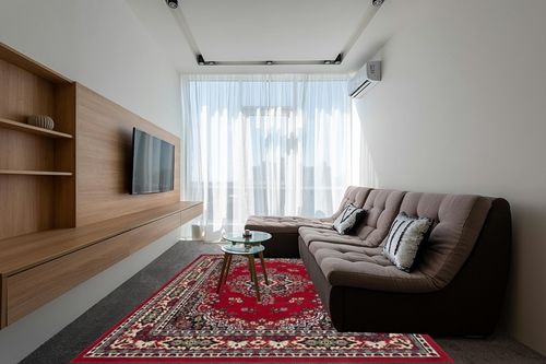 Home Dynamix Premium Sakarya Traditional Medallion Border Area Rug, Claret, 7'8"x10'7" Rectangle in Grey Living Room with Brown Couch