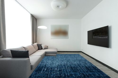 SAFAVIEH Retro Collection Area Rug - 9' x 12', Light Blue & Blue, Modern Abstract Design, Non-Shedding & Easy Care, Ideal for High Traffic Areas in Living Room, Bedroom (RET2770-6065) in Modern Living Room with Grey Couch