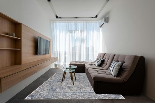 SAFAVIEH Aspen Collection Area Rug - 8' x 10', Blue & Beige, Handmade Boho Wool, Ideal for High Traffic Areas in Living Room, Bedroom (APN275M) in Grey Living Room with Brown Couch