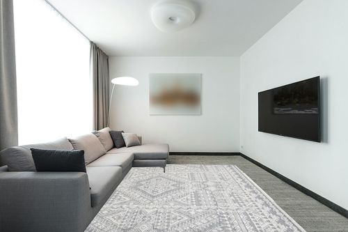 Handmade Tribal Bohemian Ivory Area Rug 8 x 10 in Modern Living Room with Grey Couch