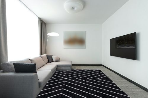 SAFAVIEH Adirondack Collection Area Rug - 8' x 10', Black & Light Grey, Modern Geometric Design, Non-Shedding & Easy Care, Ideal for High Traffic Areas in Living Room, Bedroom (ADR251F) in Modern Living Room with Grey Couch