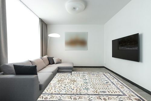 Loloi Rifle Paper Co. x Maison Wisteria Cream 8'-4" x 11'-6" Area Rug in Modern Living Room with Grey Couch