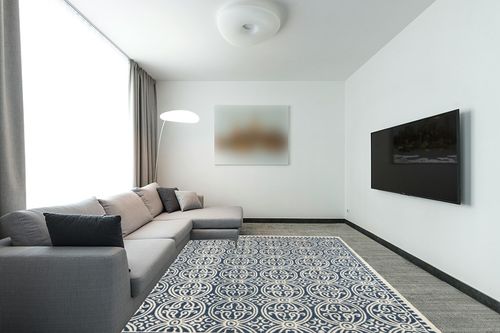 SAFAVIEH Cambridge Collection Area Rug - 8' x 10', Navy Blue & Ivory, Handmade Moroccan Wool, Ideal for High Traffic Areas in Living Room, Bedroom (CAM123G) in Modern Living Room with Grey Couch