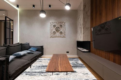 SAFAVIEH Fontana Shag Collection Area Rug - 8' x 10', Grey & Ivory, Modern Design, Non-Shedding & Easy Care, 2-inch Thick Ideal for High Traffic Areas in Living Room, Bedroom (FNT853G) in Dark Wood Living Room with Black Couch