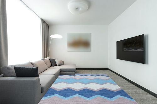 Dash & Albert Safety Net Handwoven Indoor/Outdoor Rug, 8 X 10 Feet, Blue/Grey Geometric Pattern in Modern Living Room with Grey Couch
