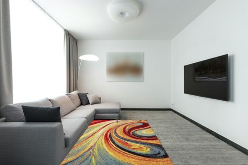 Home Dynamix Adja Modern Area Rug, Splash (5'2" x 7'2") in Modern Living Room with Grey Couch