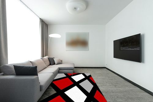Red and White Black Geometry Area Rugs, Modern Abstract Entryways Mat Fluffy Soft Machine Washable Breathable Durable for Room Living Room Indoor Outdoor Hallway, 5ft x 7ft in Modern Living Room with Grey Couch