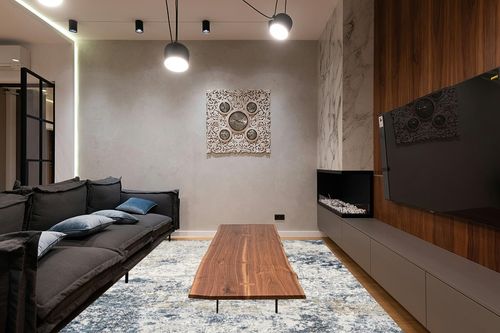 Area Rug Living Room Rugs - 8x10 Abstract Large Soft Indoor Washable Rug Neutral Modern Low Pile Carpet for Bedroom Dining Room Farmhouse Home Office - Beige Blue in Dark Wood Living Room with Black Couch