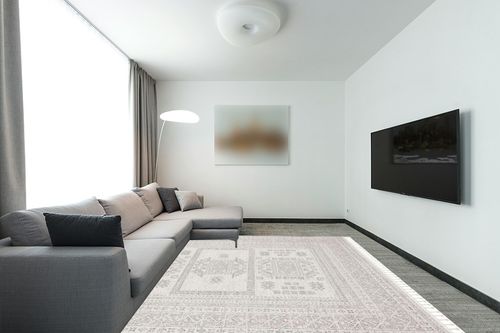Well Woven Loop-De-Loop Carina Tribal Medallion Beige Kilim-Style 7'10" x 10'6" Area Rug in Modern Living Room with Grey Couch
