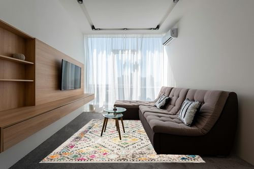 SAFAVIEH Madison Collection Area Rug - 8' x 10', Grey & Yellow, Boho Diamond Distressed Design, Non-Shedding & Easy Care, Ideal for High Traffic Areas in Living Room, Bedroom (MAD418F) in Grey Living Room with Brown Couch