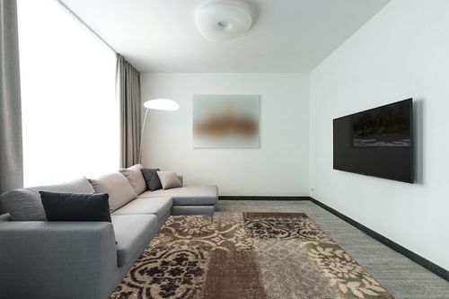 Superior Bristol Collection Area Rug, 8mm Pile Height with Jute Backing, Chic Geometric Damask Patchwork Design, Fashionable and Affordable Woven Rugs - 8' x 10' Rug, Ivory & Light Blue in Modern Living Room with Grey Couch