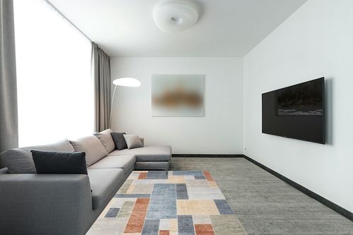 Nourison Astra Machine Washable Mid-Century Modern Ivory/Multi 5'3" x 7' Area Rug, Easy -Cleaning, Non Shedding, Bed Room, Living Room, Dining Room, Kitchen (5x7) in Modern Living Room with Grey Couch