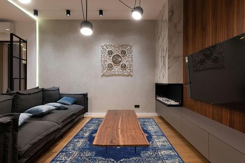 Nourison Grafix Persian Navy Blue 6' x 9' Area -Rug, Easy -Cleaning, Non Shedding, Bed Room, Living Room, Dining Room, Kitchen (6x9) in Dark Wood Living Room with Black Couch