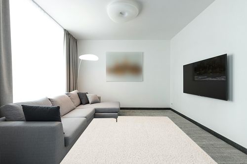 SAFAVIEH August Shag Collection Area Rug - 8' x 10', Ivory, Solid Design, Non-Shedding & Easy Care, 1.2-inch Thick Ideal for High Traffic Areas in Living Room, Bedroom (AUG900C) in Modern Living Room with Grey Couch